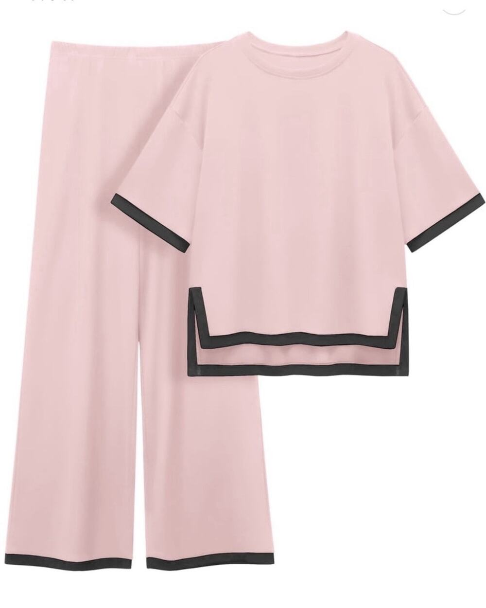 Mintreus 2 Piece Cotton Loungewear Set Short Sleeve Top Pants Pink Black XL